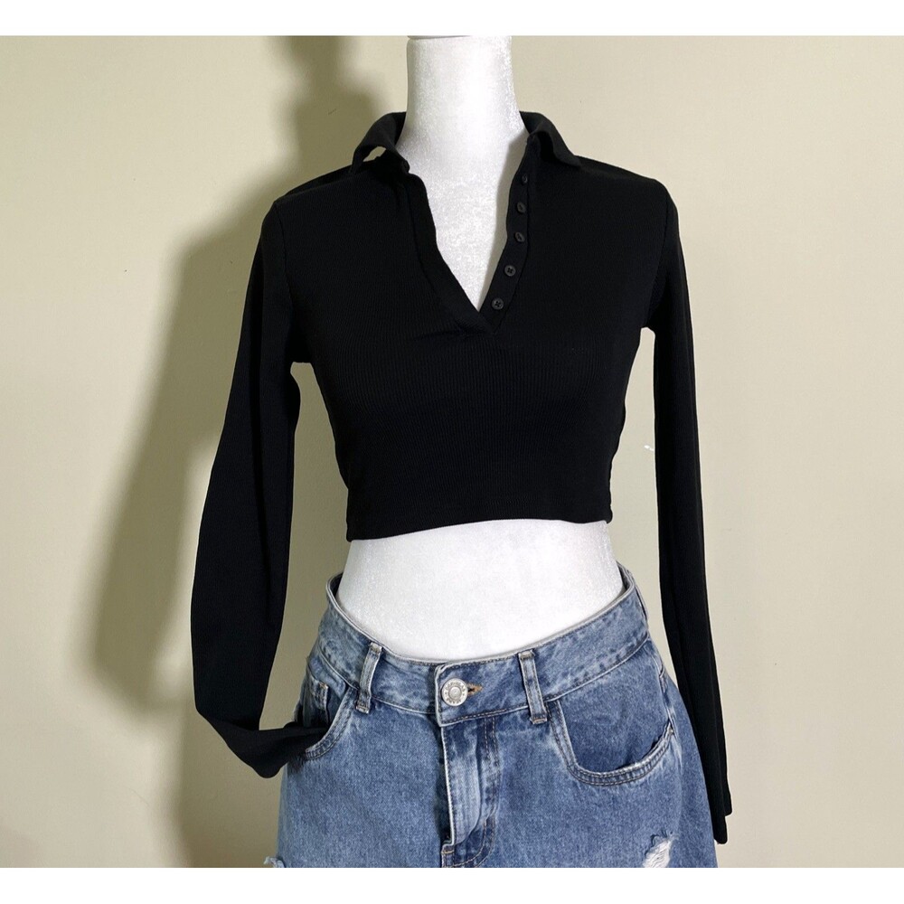 Zara Women's Collared Ribbed Black Crop Top Long Sleeve Size Small Casual